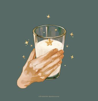 Rule 34 | 1other, cognacbear, commentary, condensation, cup, disembodied hand, drinking glass, fingernails, green background, highres, holding, holding cup, milk, original, simple background, star (symbol), tumbler glass, twitter username, untranslatable commentary