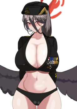 1girl black_hair black_wings blue_archive breasts fascist fez_hat halo hasumi_(blue_archive) hat highres italy k3bbys long_hair medal navel red_halo very_long_hair wings