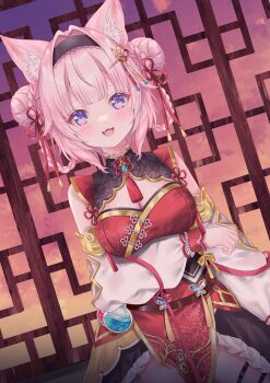 1girl animal_ear_fluff animal_ears arms_up breasts china_dress chinese_clothes cleavage cleavage_cutout clothing_cutout commentary_request detached_sleeves double_bun dress hair_bun hakui_koyori hakui_koyori_(6th_costume) highres hololive looking_at_viewer medium_breasts official_alternate_costume official_alternate_hairstyle open_mouth red_dress smile solo thigh_strap tsukimochikuriko_(tsukimochi_k) virtual_youtuber white_sleeves wolf_ears wolf_girl