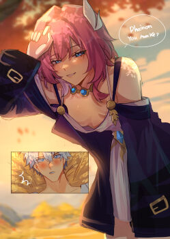 1boy 1girl bare_shoulders blue_eyes blush breasts coat commentary cyrene_(aedes_elysiae)_(honkai:_star_rail) cyrene_(honkai:_star_rail) dress english_text highres hmumhu honkai:_star_rail honkai_(series) jewelry multicolored_hair necklace outdoors phainon_(a_dream_scented_in_wheat)_(honkai:_star_rail) phainon_(honkai:_star_rail) pink_hair purple_coat short_hair sky small_breasts smile speech_bubble two-tone_hair white_dress white_hair