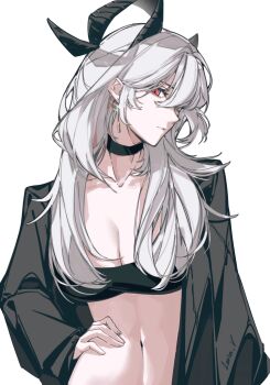 Rule 34 | 1girl, absurdres, alternate costume, black choker, black horns, choker, collarbone, commentary, curled horns, earrings, grey hair, hand on own hip, highres, horns, jewelry, key earrings, leria v, long hair, navel, simple background, solo, stomach, upper body, white background, wuthering waves, zani (wuthering waves)