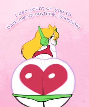 1girl android ass ass_focus bent_over blonde_hair blue_eyes blush butt_crack colored_skin curly_brace dimples_of_venus doukutsu_monogatari english_text female_focus from_behind green_panties heart huge_ass joints long_hair noill panties panty_pull robot_ears robot_joints smile solo tank_top underwear valentine white_skin