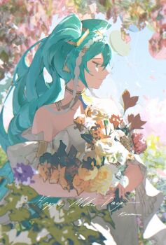 1girl absurdres alternate_costume aqua_hair bare_shoulders bouquet commentary day dress flower hatsune_miku highres holding holding_bouquet long_hair looking_to_the_side miku_day outdoors profile raum_en signature solo twintails upper_body vocaloid white_dress