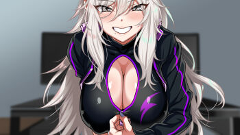1girl black_eyes blurry blurry_background blush breasts cleavage clenched_teeth computer covered_erect_nipples enadori_oneesan_to_ecchi_shiyo? female_focus grey_hair hayashi_cherry highres huge_breasts indoors jacket leaning_forward long_hair looking_at_viewer mole mole_under_mouth monitor original smile solo teeth unzipping upper_body zipper