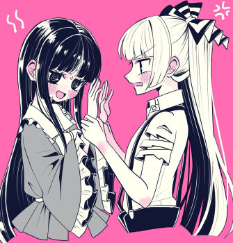 2girls @_@ anger_vein black_hair blush bow bowtie collared_shirt commentary_request ear_blush frilled_shirt_collar frills fujiwara_no_mokou hair_bow highres hime_cut holding_another&#039;s_wrists houraisan_kaguya long_hair long_sleeves multiple_girls open_mouth pants pink_background shirt short_sleeves simple_background smile suspenders sweat tamiko_(tamik0224) torn_clothes torn_sleeves touhou very_long_hair white_hair wide_sleeves yuri
