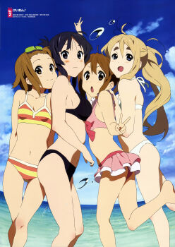 4girls absurdres akiyama_mio barefoot beach bikini black_bikini black_eyes black_hair blonde_hair blue_eyes blush breast_press breasts brown_eyes brown_hair day eyebrows highres hirasawa_yui ho-kago_tea_time horiguchi_yukiko k-on! kotobuki_tsumugi long_hair medium_breasts multiple_girls navel nyantype official_art open_mouth outdoors reference_work scan short_hair small_breasts smile striped_bikini striped_clothes swimsuit symmetrical_docking tainaka_ritsu tomboy v water white_bikini