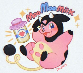 :3 animal animal_focus arms_up artist_name bottle commentary cow doekis english_commentary english_text gen_2_pokemon happy hooves looking_at_viewer lowres milk_bottle miltank moomoo_milk nintendo no_humans open_mouth pokemon pokemon_(creature) signature smile sparkle tail udder white_background