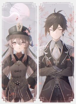 1boy 1girl 6u_(eternal_land) :p black_headwear black_pants black_shorts blouse branch brown_hair chinese_clothes closed_eyes collared_shirt cowboy_shot crossed_arms earrings falling_petals flower flower-shaped_pupils formal_clothes full_moon genshin_impact ghost gloves hair_between_eyes hands_on_own_hips hat highres hu_tao_(genshin_impact) jewelry long_hair long_sleeves looking_at_viewer low_ponytail moon pants petals ponytail red_eyes red_shirt shirt shorts single_earring smile split_screen star-shaped_pupils star_(symbol) suit symbol-shaped_pupils tailcoat tongue tongue_out top_hat twintails zhongli_(genshin_impact)