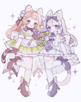 2girls :d animal_ear_fluff animal_ears black_hair black_shoes blush bow brown_shoes cat_ears cat_girl cat_tail closed_mouth commentary commission dress full_body green_dress green_eyes grey_hair hair_intakes high_heels highres holding holding_wand leg_up long_hair looking_at_viewer multicolored_hair multiple_girls open_mouth original purple_eyes see-through_clothes see-through_sleeves shoes short_sleeves simple_background smile socks standing standing_on_one_leg streaked_hair symbol-only_commentary tail thighhighs two-tone_hair upache wand watermark white_background white_bow white_socks white_thighhighs zettai_ryouiki