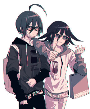 2boys ahoge alternate_costume arm_on_another&#039;s_shoulder bag black_hair clothes_grab danganronpa_(series) danganronpa_v3:_killing_harmony drink flipped_hair hair_between_eyes highres holding holding_drink keshi_o00o layered_sleeves long_sleeves male_focus mask medium_hair mouth_mask multiple_boys oma_kokichi pants product_placement saihara_shuichi shirt short_hair short_over_long_sleeves short_sleeves shoulder_bag simple_background smile smirk sunglasses tenga upper_body white_background wilted_ahoge