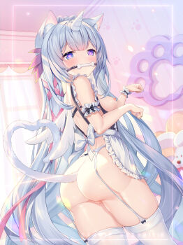 1girl animal_ear_fluff animal_ears ass backless_outfit bedroom bit_gag blue_eyes blue_hair blush breasts cartoon_bone cat_ears cat_girl cat_tail commentary_request curtains feathered_wings gag gagged garter_belt garter_straps hair_ribbon heart heart-shaped_pupils heart_tail highres horns indie_virtual_youtuber indoors long_hair maid ninico_(vtuber) nipples paw_pose paw_print pink_ribbon pussy pussy_juice ribbon sannio single_horn single_wrist_cuff skindentation small_breasts solo stuffed_animal stuffed_dog stuffed_toy symbol-shaped_pupils tail thighhighs thighs unicorn variant_set very_long_hair virtual_youtuber white_thighhighs window winged_unicorn wings wrist_cuffs