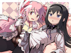 1futa 1girl :&lt; akemi_homura akemi_homura_(magical_girl) assertive_female black_hair black_hairband blush bow bow_choker bubble_skirt buttons center_frills checkered_background chest_jewel choker closed_mouth dress ejaculation_under_clothes frilled_dress frilled_skirt frilled_sleeves frills futa_with_female futanari futasub gem gloved_handjob gloves hair_between_eyes hair_bow hair_flip hairband hand_up handjob handjob_over_clothes happy heart kaname_madoka kaname_madoka_(magical_girl) large_penis large_testicles light_blush long_hair long_sleeves looking_at_another magical_girl mahou_shoujo_madoka_magica mahou_shoujo_madoka_magica_(anime) medium_hair miniskirt on_bed pantyhose penis pink_dress pink_gemstone pink_hair puffy_short_sleeves puffy_sleeves purple_bow purple_eyes purple_skirt red_bow red_choker red_eyes shirt short_dress short_sleeves short_twintails skirt smile testicles tokiatm trembling twintails white_gloves white_skirt white_sleeves