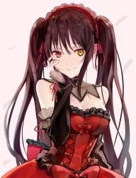 Rule 34 | 1girl, absurdres, bare shoulders, black hair, black sleeves, breasts, clock eyes, closed mouth, date a live, date a live: date a bullet, dated, detached sleeves, dress, feathers, frilled dress, frills, gothic lolita, hairband, hand on own face, heterochromia, highres, light blush, lolita fashion, lolita hairband, long hair, looking at viewer, medium breasts, red dress, red eyes, red ribbon, ribbon, roman numeral, signature, smile, solo, stippling (texture), symbol-shaped pupils, tokisaki kurumi, twintails, uneven twintails, upper body, very long hair, yellow eyes, yuu naay