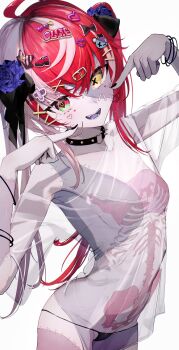 Rule 34 | 1girl, :d, absurdres, ahoge, black collar, black panties, collar, colored skin, colored tongue, diamond-shaped pupils, diamond (shape), getto, gradient eyes, green eyes, grey hair, grey skin, hair ornament, hairclip, hairpin, hands up, heterochromia, highres, hololive, hololive indonesia, kureiji ollie, long hair, looking at viewer, mismatched pupils, multicolored eyes, multicolored hair, multiple hairpins, no pants, o-ring collar, open mouth, panties, patchwork skin, pink hair, purple tongue, red eyes, red hair, see-through clothes, see-through shirt, shirt, simple background, smile, solo, spiked collar, spikes, stitched arm, stitched face, stitched leg, stitched torso, stitches, symbol-shaped pupils, twintails, underwear, virtual youtuber, white background, x-shaped pupils, yellow eyes, zombie