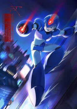 1boy aiming arm_cannon armor blue_armor blue_helmet blurry blurry_background clenched_teeth forehead_jewel full_body glowing helmet light_trail mega_man_(series) mega_man_x_(series) motion_blur sliding solo teeth to_i_to_io watermark weapon x_(mega_man)