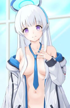 1girl blue_archive blue_halo blue_necktie blue_sky breasts ca_paria closed_mouth coat collarbone commentary_request halo highres long_hair long_sleeves mechanical_halo medium_breasts navel necktie noa_(blue_archive) open_clothes open_coat partial_commentary purple_eyes sidelocks sky smile white_coat white_hair window