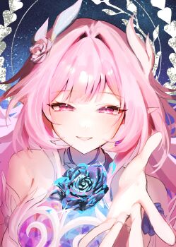 Rule 34 | 1girl, absurdres, bare shoulders, blue flower, blue rose, commentary request, cover image, cyrene (demiurge) (honkai: star rail), cyrene (honkai: star rail), flower, hair flower, hair ornament, highres, honkai: star rail, honkai (series), looking at viewer, neneneneko, parted lips, pink eyes, pink flower, pink hair, pink rose, pointy ears, rose, sidelocks, smile, solo, upper body