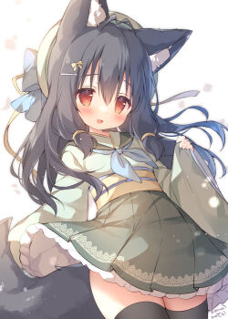 1girl animal_ear_fluff animal_ears antenna_hair black_thighhighs blue_bow blue_neckerchief bow commentary_request cowboy_shot fox_ears fox_girl fox_tail frilled_hakama green_hakama green_kimono hair_bow hair_ornament hairclip hakama hakama_short_skirt hakama_skirt hat hat_bow hat_ribbon japanese_clothes kimono light_particles long_sleeves low-tied_sidelocks momozu_komamochi neckerchief obi open_mouth original ribbon sailor_collar sash school_uniform sidelocks skirt smile solo tail thighhighs wide_sleeves yellow_bow yellow_hat yellow_ribbon yellow_sash