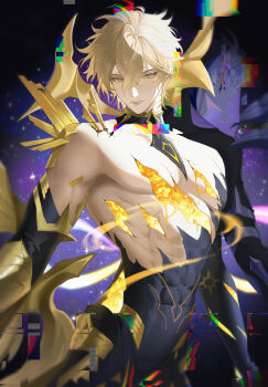 1boy abs blonde_hair glitch gold highres honkai:_star_rail honkai_(series) male_focus nerneru phainon_(honkai:_star_rail) phainon_(khaslana)_(honkai:_star_rail) upper_body yellow_eyes