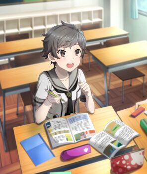 1girl 1other :o ayanokouji_martial_arts_school_uniform bag black_neckerchief book breasts brown_eyes chair classroom clenched_hand collarbone curtains day desk dot_nose elbows_on_table from_above game_cg grey_hair grey_sailor_collar handbag hands_up hasui_mayumi holding holding_pen indoors neckerchief official_art open_book open_mouth pen pencil_case red_bag sailor_collar school_chair school_desk school_uniform serafuku shirt short_hair short_sleeves small_breasts solo_focus studying summer_uniform tearing_up teeth third-party_source toji_no_miko toji_no_miko:_kizamishi_issen_no_tomoshibi upper_teeth_only very_short_hair white_serafuku white_shirt window wooden_floor