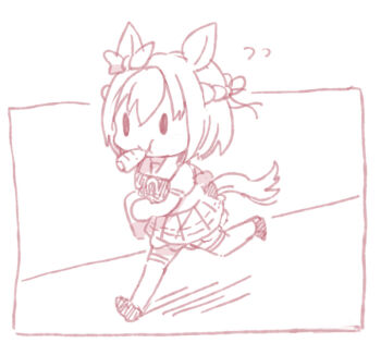 Rule 34 | 1girl, animal ears, bag, beer hsk, bow, braid, carrot, chibi, flying sweatdrops, food in mouth, hair between eyes, horse ears, horse girl, horse tail, monochrome, mouth hold, multicolored hair, pleated skirt, puffy short sleeves, puffy sleeves, running, school bag, school uniform, shirt, short sleeves, skirt, solid oval eyes, solo, special week (umamusume), tail, thighhighs, tracen school uniform, two-tone hair, umamusume, white background