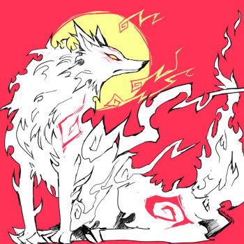 amaterasu_(ookami) animal_focus body_markings closed_mouth commentary english_commentary full_body genc no_humans ookami_(game) profile red_background white_fur wolf yellow_eyes