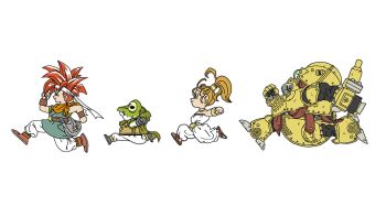 1girl 1other 2boys blonde_hair boots brown_boots chibi chibi_only chrono_trigger crono_(chrono_trigger) frog_boy glenn_(chrono_trigger) hair_tie headband highres horizontal_pupils light_smile long_hair marle_(chrono_trigger) multiple_boys necktie orange_necktie pants ponytail red_hair robo_(chrono_trigger) robot romper running sandals short_hair spiked_hair tcgf_04 toriyama_akira_(style) white_background white_headband white_pants white_romper