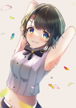 Rule 34 | 1girl, absurdres, armpits, arms behind head, arms up, artist name, bare arms, black bow, black bowtie, black hair, blue eyes, blush, bow, bowtie, breasts, brooch, cropped shirt, emutakanoe, falling petals, grey shirt, high collar, highres, hololive, jewelry, large breasts, looking at viewer, midriff, oozora subaru, oozora subaru (suspenders), parted lips, petals, pinstripe pattern, pinstripe shirt, shirt, short hair, signature, simple background, sleeveless, sleeveless shirt, smile, solo, star brooch, swept bangs, upper body, virtual youtuber, white background