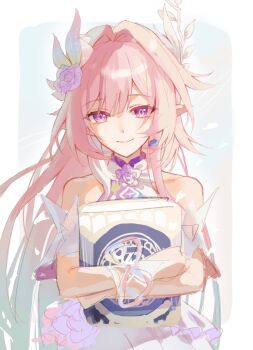 1girl aqua_hair as_i've_written_(honkai:_star_rail) bare_shoulders blue_background book border commentary_request cyrene_(demiurge)_(honkai:_star_rail) cyrene_(honkai:_star_rail) diamond-shaped_pupils diamond_(shape) dress earrings highres holding holding_book honkai:_star_rail honkai_(series) jewelry long_hair looking_at_viewer multicolored_hair perota_1 pink_hair pointy_ears purple_eyes smile solo symbol-shaped_pupils very_long_hair white_border white_dress white_hair