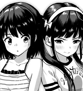 2girls angry blush greyscale highres himemiya_tsubaki_(hirama) hirama jinguuji_aya_(hirama) monochrome multiple_girls multiple_tails original short_hair surprised tail two_tails