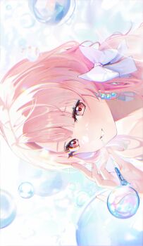 Rule 34 | 1girl, absurdres, blowing bubbles, blurry, blurry background, blurry foreground, blush, bow, bubble, chromatic aberration, earrings, eyelashes, fingernails, hair between eyes, hair bow, happy, highres, holding, jewelry, long hair, looking at viewer, nail polish, original, parted lips, pearl earrings, pink eyes, pink hair, pink nails, portrait, soap bubbles, solo, totomong, white bow