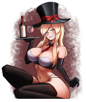 Rule 34 | 1girl, alcohol, bandage on cheek, black thighhighs, blonde hair, blue eyes, bottle, commentary, cup, drinking glass, elbow gloves, english commentary, glasses, gloves, grin, hat, highres, latex, latex gloves, long hair, looking at viewer, necktie, new year, original, red wine, smile, solo, thighhighs, thong, top hat, wine, wine bottle, wine glass, yimie10
