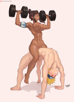 1boy 1girl abs avatar_legends awasof barefoot bouncing_breasts breasts completely_nude cowgirl_position crossover dark-skinned_female dark_skin dumbbell feet female_focus female_pubic_hair girl_on_top hetero korra large_breasts muscular muscular_female naruto_(classic) naruto_(series) navel nipples nude pubic_hair pussy sex simple_background smile straddling the_legend_of_korra toes uzumaki_naruto