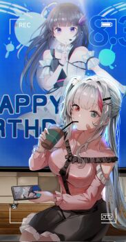 1girl alternate_costume bandaid bandaid_on_cheek bandaid_on_face black_skirt blue_eyes breasts cellphone commentary corrupted_twitter_file cup disposable_cup dress drinking drinking_straw english_commentary english_text frilled_shirt frilled_skirt frills girls'_frontline girls'_frontline_neural_cloud grey_hair hair_ornament halo happy_birthday heterochromia highres holding holding_phone kuro_(neural_cloud) long_hair looking_at_viewer mdr_(girls'_frontline) multicolored_hair nanaka_(neural_cloud) on_bench one_side_up phone pink_shirt purple_eyes red_eyes red_hair screen shirt sitting skirt smartphone ssomi streaked_hair user_interface viewfinder white_dress x_hair_ornament
