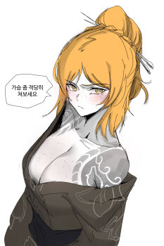 1girl absurdres body_freckles breast_freckles breasts cleavage collarbone e.g.o_(project_moon) freckles helseujang highres ishmael_(project_moon) korean_text kurokumo_clan_(identity)_(project_moon) large_breasts limbus_company official_alternate_costume orange_hair project_moon simple_background solo tattoo translation_request upper_body white_background