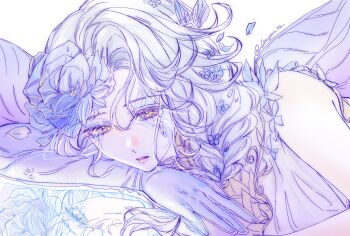 artist_name blue_flower braid bug butterfly butterfly_hair_ornament chinese_commentary commentary_request curtained_hair dress elbow_gloves facial_mark falling_petals flower gloves hair_flower hair_ornament hair_over_one_eye highres identity_v insect liuyan_hz long_hair looking_at_mirror lying mirror mole mole_under_eye on_side petals pink_lips purple_dress purple_gloves see-through_clothes see-through_gloves shirt short_sleeves single_elbow_glove vera_nair vera_nair_(mnemosyne&#039;s_dream) wavy_hair yellow_eyes