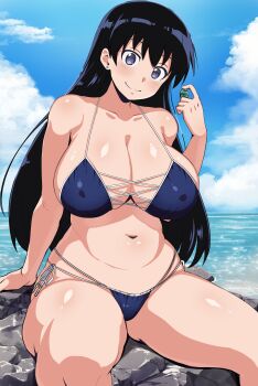 1girl absurdres arato_nagi bare_shoulders beach bikini black_hair blue_bikini blue_eyes blue_sky breasts cleavage closed_mouth cloud covered_erect_nipples cross-laced_bikini cross-laced_clothes curvy earrings gem highres holding holding_gem jewelry large_breasts long_hair looking_at_viewer maki_ikazuya navel ruri_no_houseki side-tie_bikini_bottom sitting sky smile solo stud_earrings swimsuit thighs