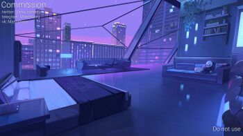 absurdres bed bookshelf city city_lights commission couch desk desk_lamp hanging_light highres indoors lamp ma_someru no_humans original pastel_colors plant potted_plant purple_sky reflective_floor rug scenery sky star_(sky) starry_sky stuffed_animal stuffed_toy