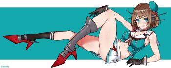 Rule 34 | 1girl, absurdres, aiuti, bare shoulders, black choker, black gloves, black socks, blue eyes, blue hat, blush, breasts, brown hair, choker, cleavage, commentary request, crop top, full body, gloves, grin, hair ornament, hat, headgear, high heels, highres, kantai collection, large breasts, legs, looking at viewer, maya (kancolle), maya kai ni (kancolle), miniskirt, navel, pleated skirt, red shoes, sailor collar, shoes, short hair, simple background, skirt, sleeveless, smile, socks, solo, thighs, twitter username, two-tone background, white sailor collar, white skirt, x hair ornament