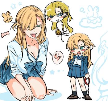 Rule 34 | 1girl, black socks, blonde hair, blue bow, blue bowtie, blue eyes, blue jacket, blue skirt, blush stickers, bow, bowtie, breasts, brown shoes, chibi, collared shirt, degrees of lewdity, hair over one eye, jacket, large breasts, long hair, looking at viewer, multiple views, open clothes, open jacket, pleated skirt, school uniform, shirt, shoes, skirt, socks, speech bubble, tongue, tongue out, utu310, white shirt, whitney (degrees of lewdity), whitney (female) (degrees of lewdity)