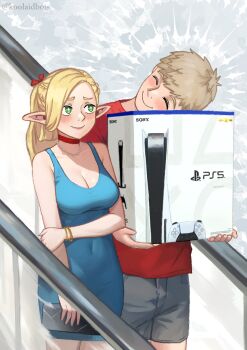 1boy 1girl alternate_breast_size_(larger) autism black_collar blonde_hair blue_dress blush box breasts closed_eyes collar couple dress dungeon_meshi elevator game_console green_eyes grey_hair hand_on_own_arm highres holding holding_box holding_wallet koolaidbois laios_touden looking_at_another marcille_donato playstation_5 red_shirt shirt shorts smile standing wallet