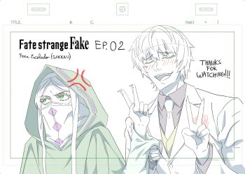 1boy 1girl anger_vein animation_paper blush cloak closed_eyes commentary english_commentary episode_number facu_escobedo fate/strange_fake fate_(series) highres hood hood_up hooded_cloak jacket jester_karture mask mouth_mask necktie no_name_assassin_(fate) open_mouth partially_colored shirt smile sweatdrop upper_body v