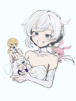 1boy 2girls alternate_costume alternate_hairstyle animal_ears blonde_hair blue_background blue_eyes breasts bridal_gauntlets bridal_veil bride chibi chinese_commentary cleavage collarbone detached_collar dress hair_ornament happy head_tilt highres honkai_(series) honkai_impact_3rd kallen_kaslana looking_down medium_breasts multiple_girls otto_apocalypse pink_hair purple_eyes simple_background smile solo_focus teeth upper_body veil wedding wedding_dress white_dress white_hair white_veil yae_sakura yellow_eyes zhi_jian_ri_he