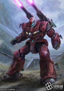 battle beam_cannon blue_visor commentary_request copyright_notice energy energy_beam firing guncannon gundam gundam_card_game gundam_gquuuuuux hayaken_sarena logo machinery mecha mecha_focus mobile_suit official_art realistic robot scene_reference science_fiction shoulder_cannon space_habitat sunrise_(company)