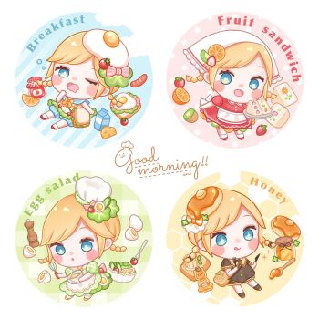 1girl 4girls :d :q absurdres ari_(oonmnmooo) artist_name bacon black_socks blonde_hair blue_eyes blue_sailor_collar blue_shorts blush braid butter cheese chef_hat commentary dress egg english_text food fork fried_egg fruit fruit_sandwich full_body green_dress hat heart heart-shaped_pupils highres holding holding_fork holding_knife holding_tray honey ice_cream jam jar kiwi_(fruit) knife lettuce looking_at_viewer milk multiple_girls multiple_views one_eye_closed open_mouth orange_(fruit) orange_slice original pancake plaid_clothes plaid_dress puffy_short_sleeves puffy_sleeves red_dress red_shoes sailor_collar salad sausage shoes short_sleeves shorts smile socks strawberry symbol-only_commentary symbol-shaped_pupils tongue tongue_out tray twin_braids white_socks yawning yellow_shoes