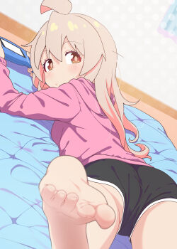 1girl absurdres barefoot black_shorts blush breasts brown_eyes brown_hair colored_inner_hair eyelashes feet foot_focus foreshortening hair_between_eyes handheld_game_console highres hood hoodie loli long_hair long_sleeves looking_back lying multicolored_hair on_stomach onii-chan_wa_oshimai! oyama_mahiro partially_visible_vulva pink_hair pink_hoodie shadow shiina_excel short_shorts shorts small_breasts soles solo thighs toes