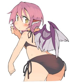 1girl animal_ears ass bikini bird_ears bird_girl bird_wings black_bikini blush closed_mouth commentary_request cropped_legs from_behind hair_between_eyes hand_up ini_(inunabe00) leaning_forward looking_at_viewer looking_back mystia_lorelei pink_hair short_hair side-tie_bikini_bottom simple_background solo swimsuit touhou wet white_background wings yellow_eyes