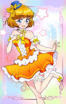 1girl armband blue_eyes blue_hat bow brown_hair center_frills commentary dress dress_bow frilled_armband frilled_dress frilled_thigh_strap frills glasses hat hat_bow high_heels highres ichinose_minori kaatsu_katsurou leg_up looking_at_viewer mini_hat mini_top_hat open_mouth orange_dress precure rimless_eyewear round_eyewear short_dress short_hair smile solo standing standing_on_one_leg star_(symbol) strapless strapless_dress thigh_strap tilted_headwear top_hat tropical-rouge!_precure white_footwear yellow_bow