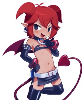 1girl :d arm_belt bandaid bandaid_on_cheek bandaid_on_face bandeau beebz_(demon_turf) belt black_bandeau black_boots black_choker black_gloves blue_eyes blush body_freckles boots bracelet character_doll choker commentary cosplay demon_girl demon_tail demon_turf demon_wings disgaea doll earrings elbow_gloves english_commentary etna_(disgaea) etna_(disgaea)_(cosplay) fang foot_out_of_frame freckles gloves groin hair_between_eyes hand_on_own_hip hand_up highres jewelry leg_up loli looking_to_the_side miniskirt navel o-ring o-ring_choker open_mouth pointy_ears prinny red_hair red_tail red_wings shino_(shinokani) short_hair side_slit simple_background skirt skull_earrings smile solo standing standing_on_one_leg stomach studded_bracelet tail thigh_boots two_side_up white_background white_belt wings