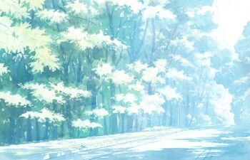 commentary_request day forest hariken highres muted_color nature no_humans original outdoors painting_(medium) road scenery shadow traditional_media tree watercolor_(medium)